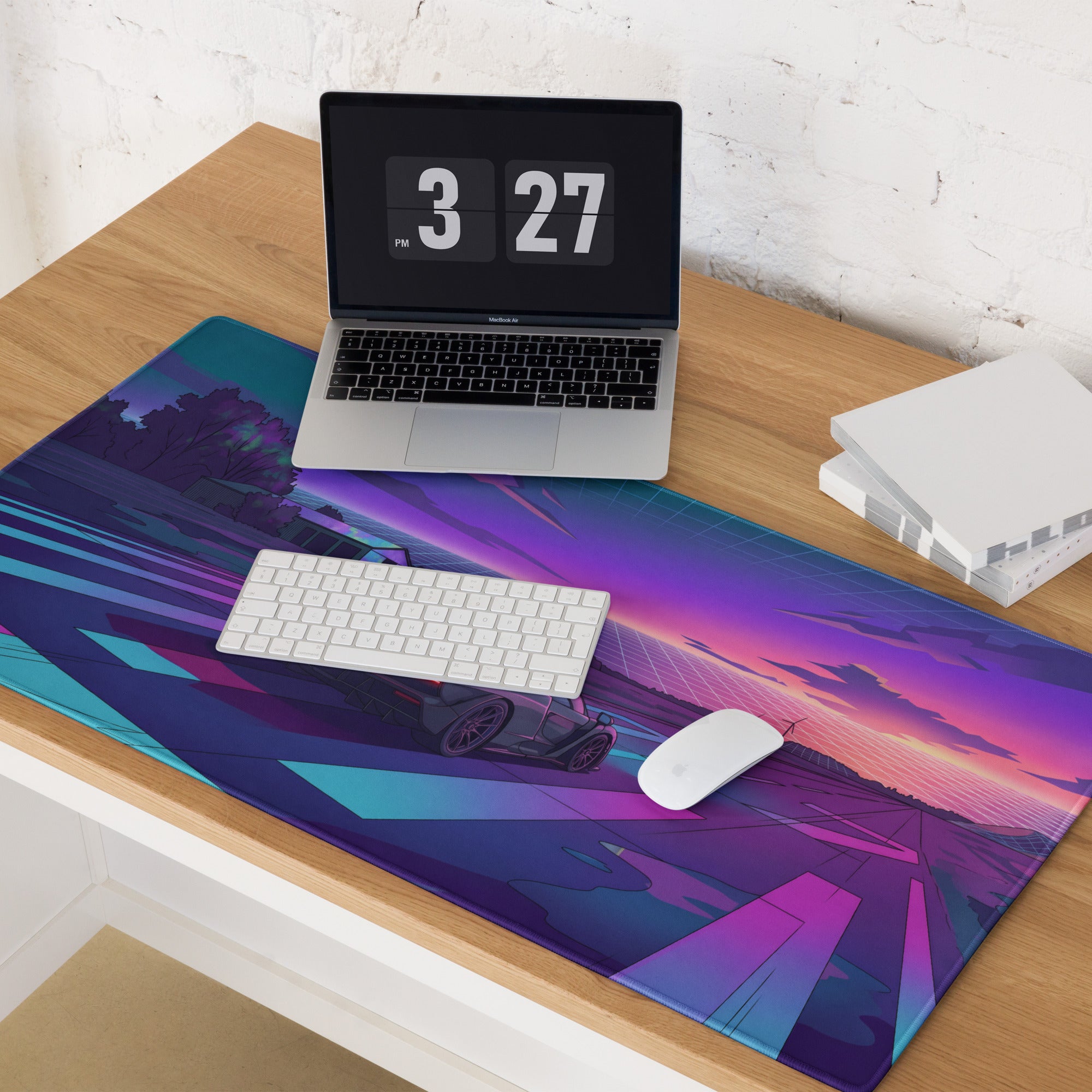 McLaren Senna Inspired Dark Gray Vaporwave Gaming Mouse Pad – Neon Purple Cyan Runway Desk Mat with Retro Futuristic Sunset and Synthwave Racing Art