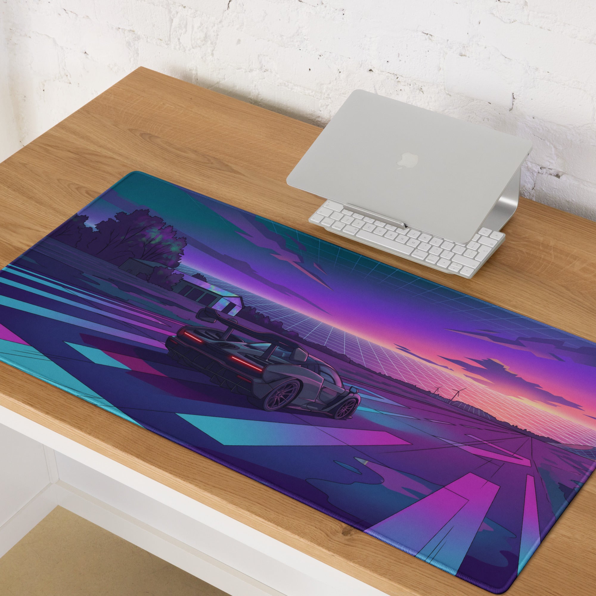 McLaren Senna Inspired Dark Gray Vaporwave Gaming Mouse Pad – Neon Purple Cyan Runway Desk Mat with Retro Futuristic Sunset and Synthwave Racing Art