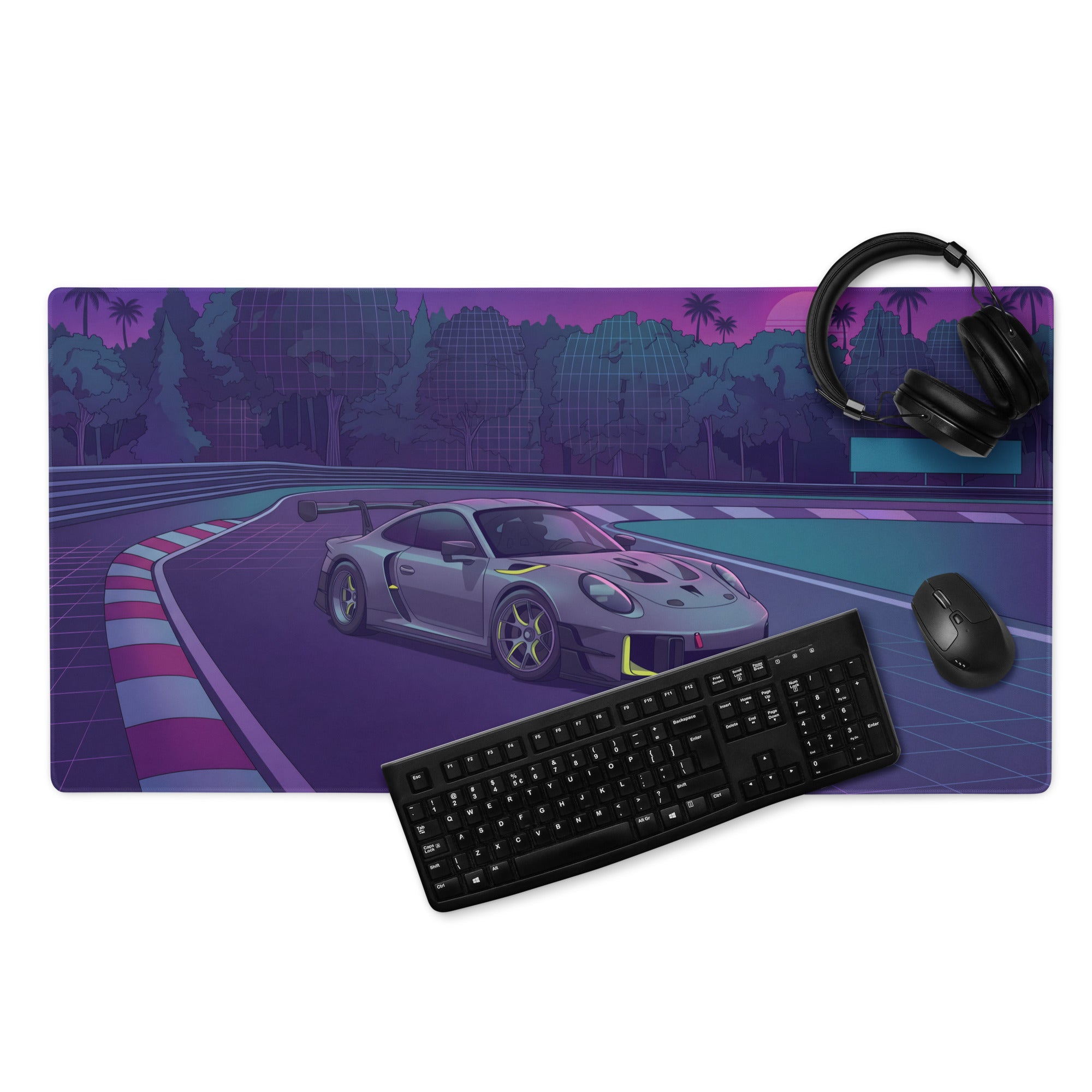 Porsche 911 GT3 R Inspired Gray Vaporwave Gaming Mouse Pad – Neon Purple Racetrack Desk Mat with Lime Accents, Tropical Forest and Synthwave Sunset Art