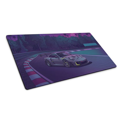 Porsche 911 GT3 R Inspired Gray Vaporwave Gaming Mouse Pad – Neon Purple Racetrack Desk Mat with Lime Accents, Tropical Forest and Synthwave Sunset Art