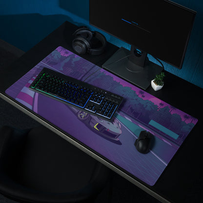 Porsche 911 GT3 R Inspired Gray Vaporwave Gaming Mouse Pad – Neon Purple Racetrack Desk Mat with Lime Accents, Tropical Forest and Synthwave Sunset Art