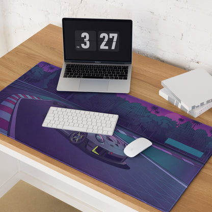 Porsche 911 GT3 R Inspired Gray Vaporwave Gaming Mouse Pad – Neon Purple Racetrack Desk Mat with Lime Accents, Tropical Forest and Synthwave Sunset Art