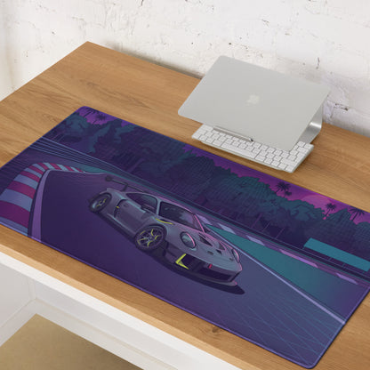 Porsche 911 GT3 R Inspired Gray Vaporwave Gaming Mouse Pad – Neon Purple Racetrack Desk Mat with Lime Accents, Tropical Forest and Synthwave Sunset Art