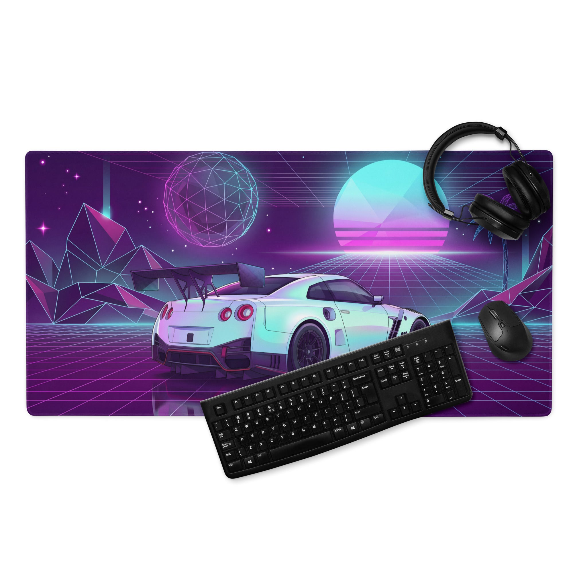 Nissan GT-R R35 Inspired White Vaporwave Gaming Mouse Pad – Neon Purple Cyan Grid Desk Mat with Geometric Mountains, Palm Tree and Synthwave Sunset Art