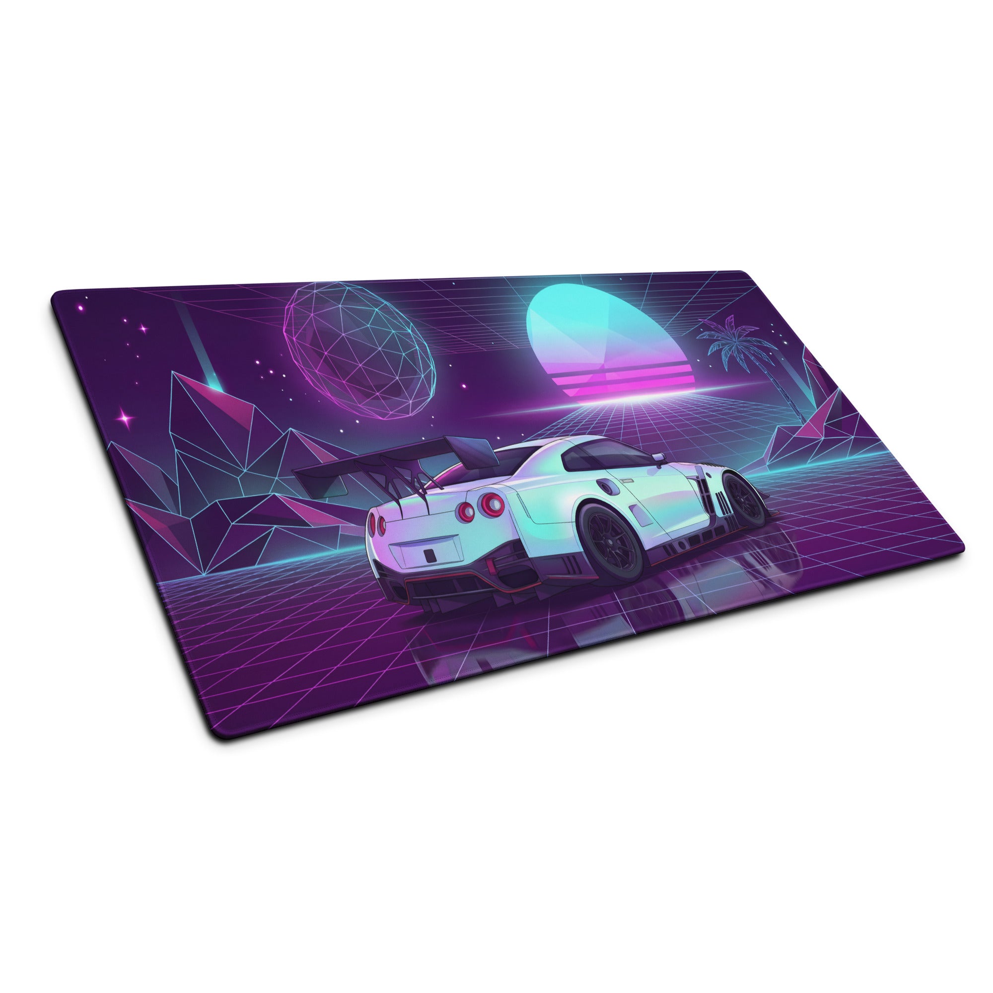 Nissan GT-R R35 Inspired White Vaporwave Gaming Mouse Pad – Neon Purple Cyan Grid Desk Mat with Geometric Mountains, Palm Tree and Synthwave Sunset Art