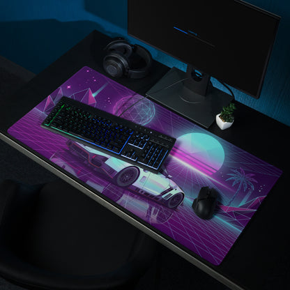 Nissan GT-R R35 Inspired White Vaporwave Gaming Mouse Pad – Neon Purple Cyan Grid Desk Mat with Geometric Mountains, Palm Tree and Synthwave Sunset Art