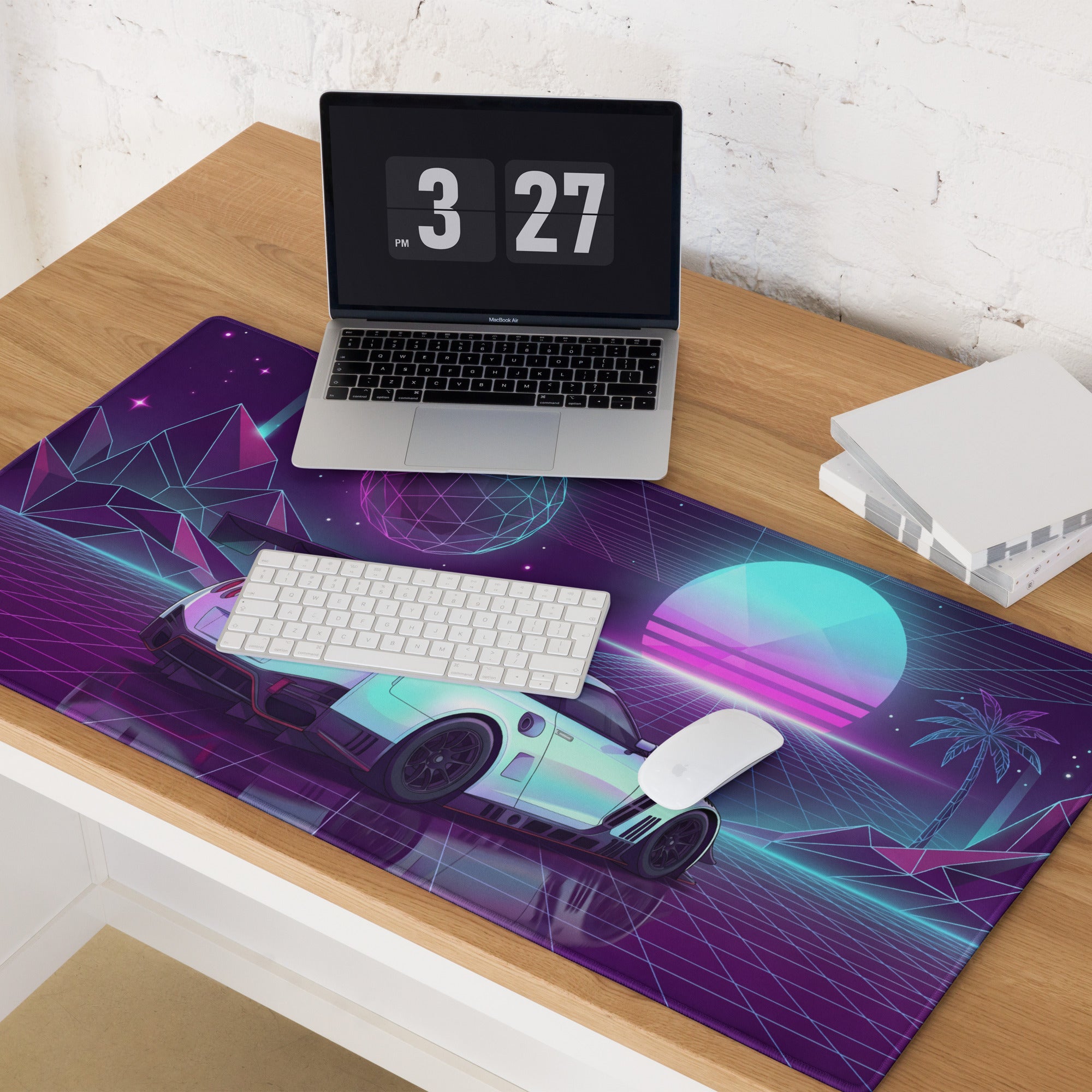 Nissan GT-R R35 Inspired White Vaporwave Gaming Mouse Pad – Neon Purple Cyan Grid Desk Mat with Geometric Mountains, Palm Tree and Synthwave Sunset Art