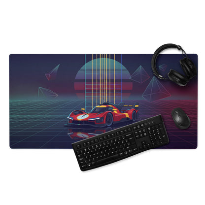 Ferrari 499P Inspired Red Yellow Vaporwave Gaming Mouse Pad – Neon Retro Futuristic Grid Desk Mat with Geometric Shapes and Synthwave Racing Art