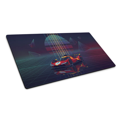 Ferrari 499P Inspired Red Yellow Vaporwave Gaming Mouse Pad – Neon Retro Futuristic Grid Desk Mat with Geometric Shapes and Synthwave Racing Art