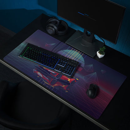 Ferrari 499P Inspired Red Yellow Vaporwave Gaming Mouse Pad – Neon Retro Futuristic Grid Desk Mat with Geometric Shapes and Synthwave Racing Art