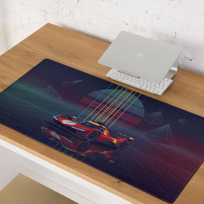 Ferrari 499P Inspired Red Yellow Vaporwave Gaming Mouse Pad – Neon Retro Futuristic Grid Desk Mat with Geometric Shapes and Synthwave Racing Art