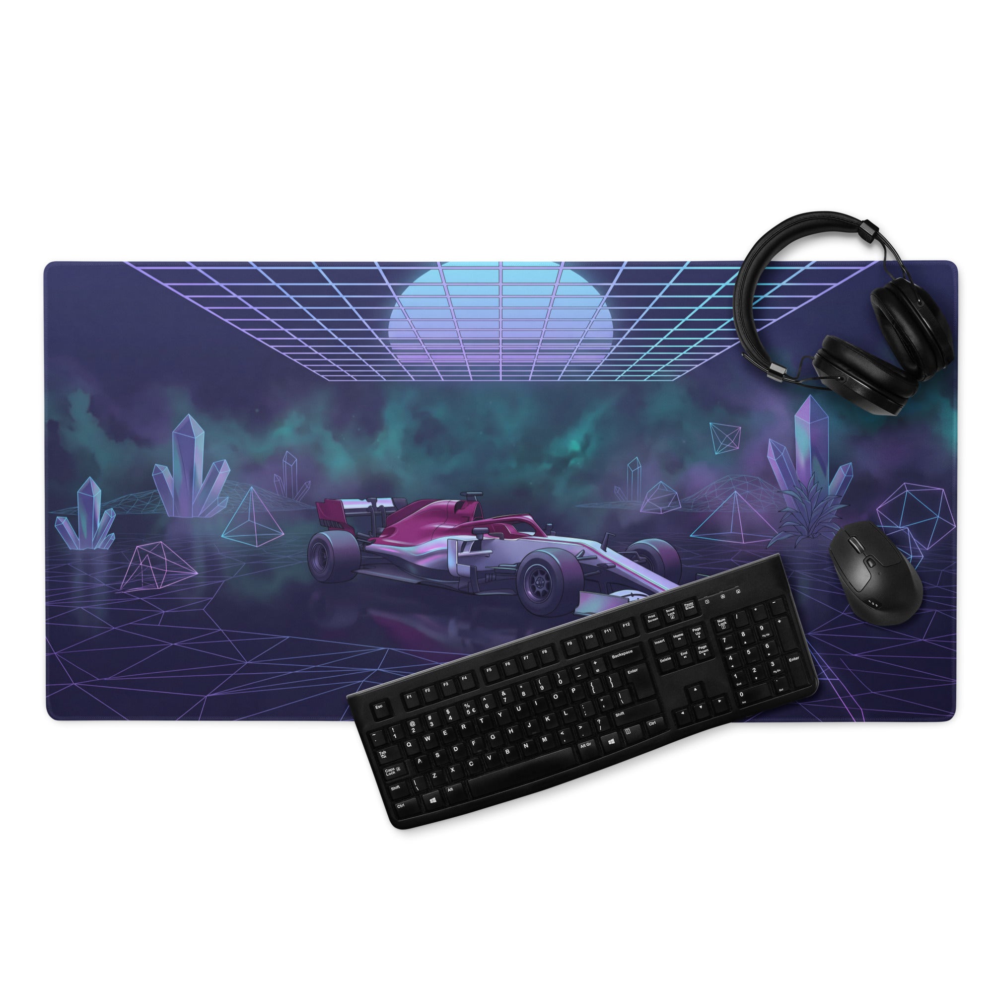 Formula 1 Race Car Inspired Red Silver Vaporwave Gaming Mouse Pad – Neon Purple Crystal Grid Desk Mat with Futuristic Geometric Synthwave Art