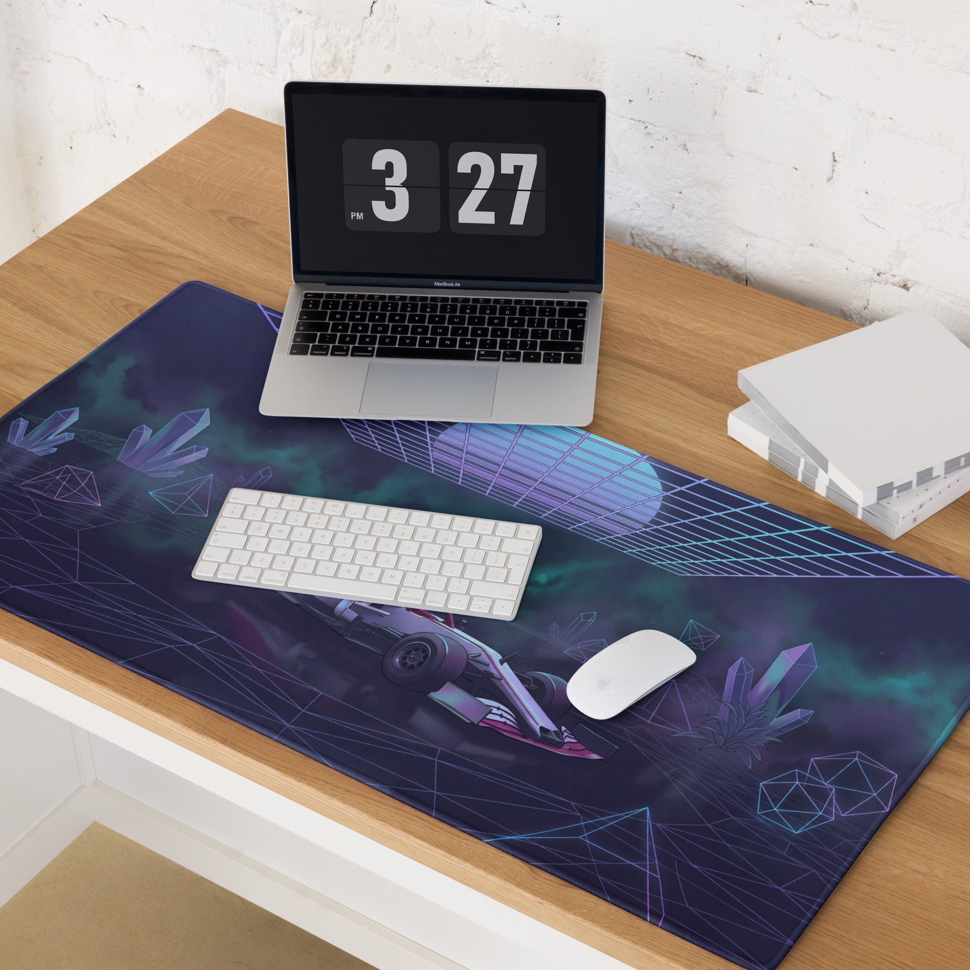 Formula 1 Race Car Inspired Red Silver Vaporwave Gaming Mouse Pad – Neon Purple Crystal Grid Desk Mat with Futuristic Geometric Synthwave Art