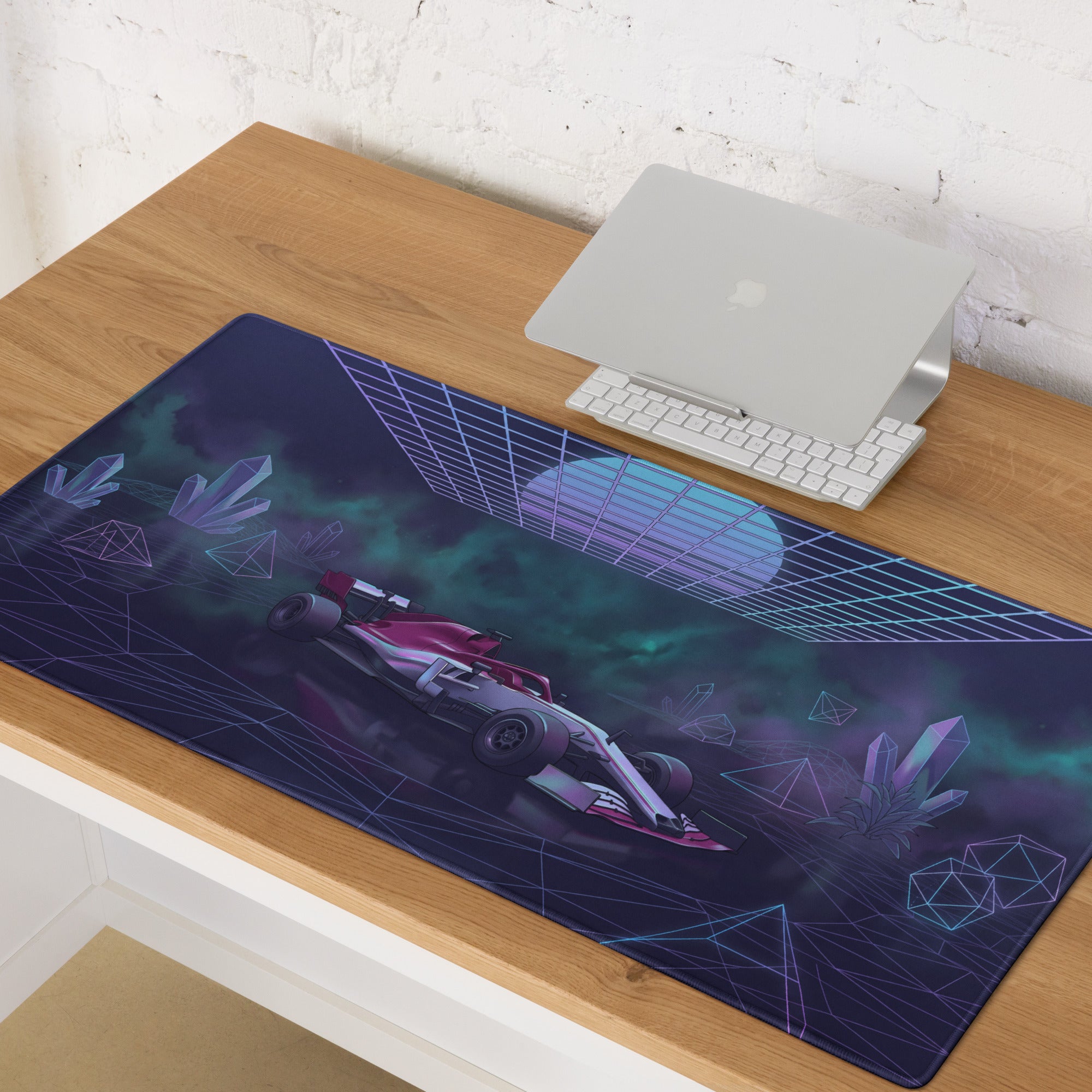 Formula 1 Race Car Inspired Red Silver Vaporwave Gaming Mouse Pad – Neon Purple Crystal Grid Desk Mat with Futuristic Geometric Synthwave Art
