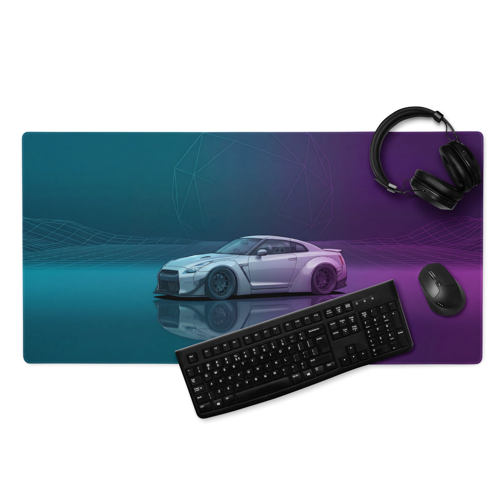Nissan GT-R R35 Inspired White Vaporwave Gaming Mouse Pad – Moody Teal Purple Neon Grid Desk Mat with Geometric Orb and Retro Synthwave Art