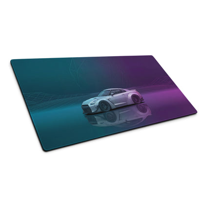Nissan GT-R R35 Inspired White Vaporwave Gaming Mouse Pad – Moody Teal Purple Neon Grid Desk Mat with Geometric Orb and Retro Synthwave Art