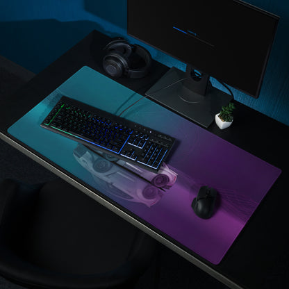 Nissan GT-R R35 Inspired White Vaporwave Gaming Mouse Pad – Moody Teal Purple Neon Grid Desk Mat with Geometric Orb and Retro Synthwave Art