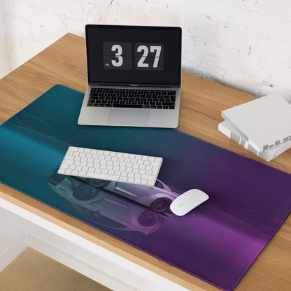Nissan GT-R R35 Inspired White Vaporwave Gaming Mouse Pad – Moody Teal Purple Neon Grid Desk Mat with Geometric Orb and Retro Synthwave Art