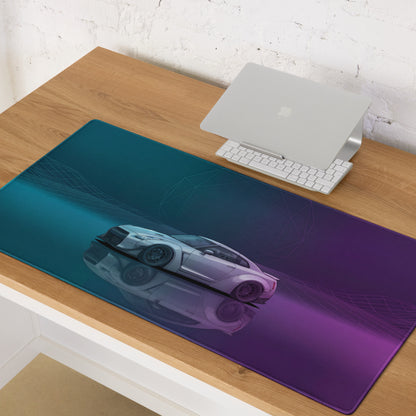 Nissan GT-R R35 Inspired White Vaporwave Gaming Mouse Pad – Moody Teal Purple Neon Grid Desk Mat with Geometric Orb and Retro Synthwave Art