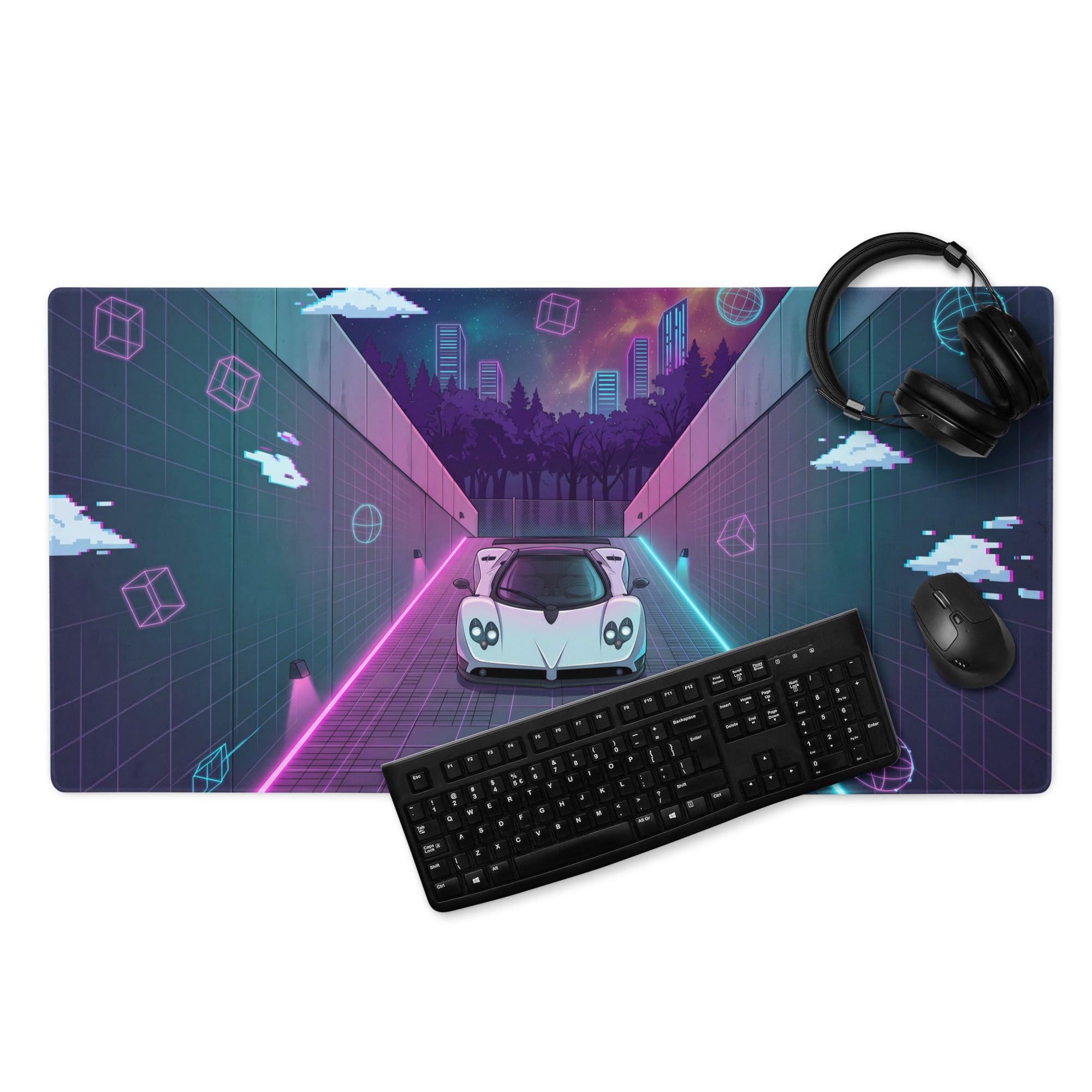 Pagani Zonda Inspired White Vaporwave Gaming Mouse Pad – Neon Pink Cyan Tunnel Desk Mat with Pixel Clouds, Geometric Shapes and Retro Synthwave Art