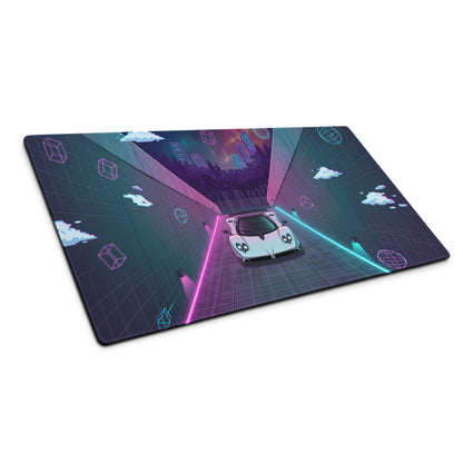 Pagani Zonda Inspired White Vaporwave Gaming Mouse Pad – Neon Pink Cyan Tunnel Desk Mat with Pixel Clouds, Geometric Shapes and Retro Synthwave Art