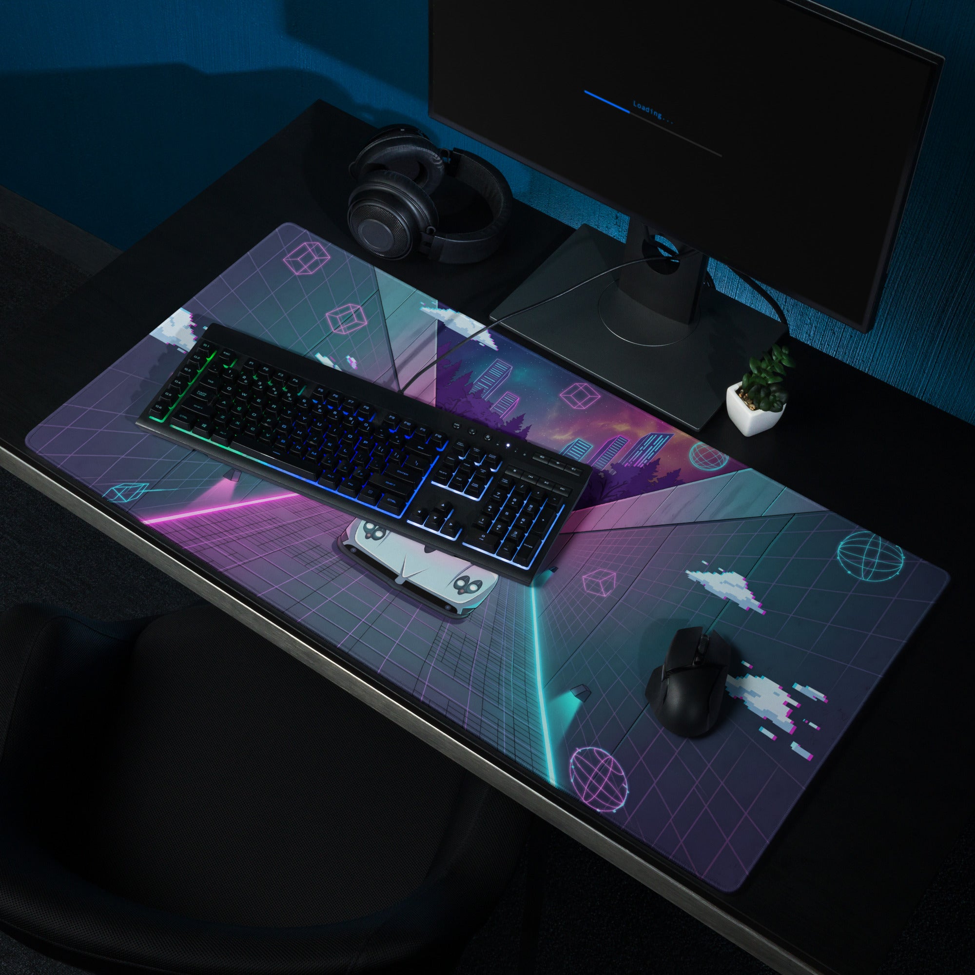Pagani Zonda Inspired White Vaporwave Gaming Mouse Pad – Neon Pink Cyan Tunnel Desk Mat with Pixel Clouds, Geometric Shapes and Retro Synthwave Art