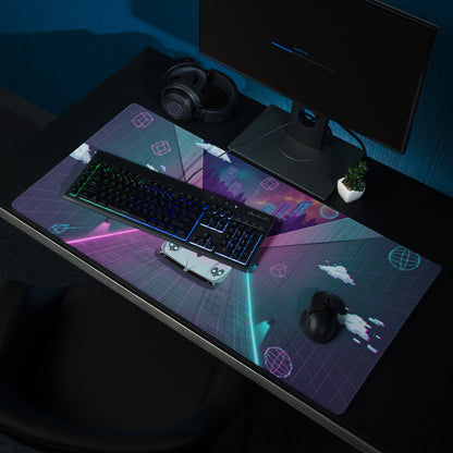 Pagani Zonda Inspired White Vaporwave Gaming Mouse Pad – Neon Pink Cyan Tunnel Desk Mat with Pixel Clouds, Geometric Shapes and Retro Synthwave Art