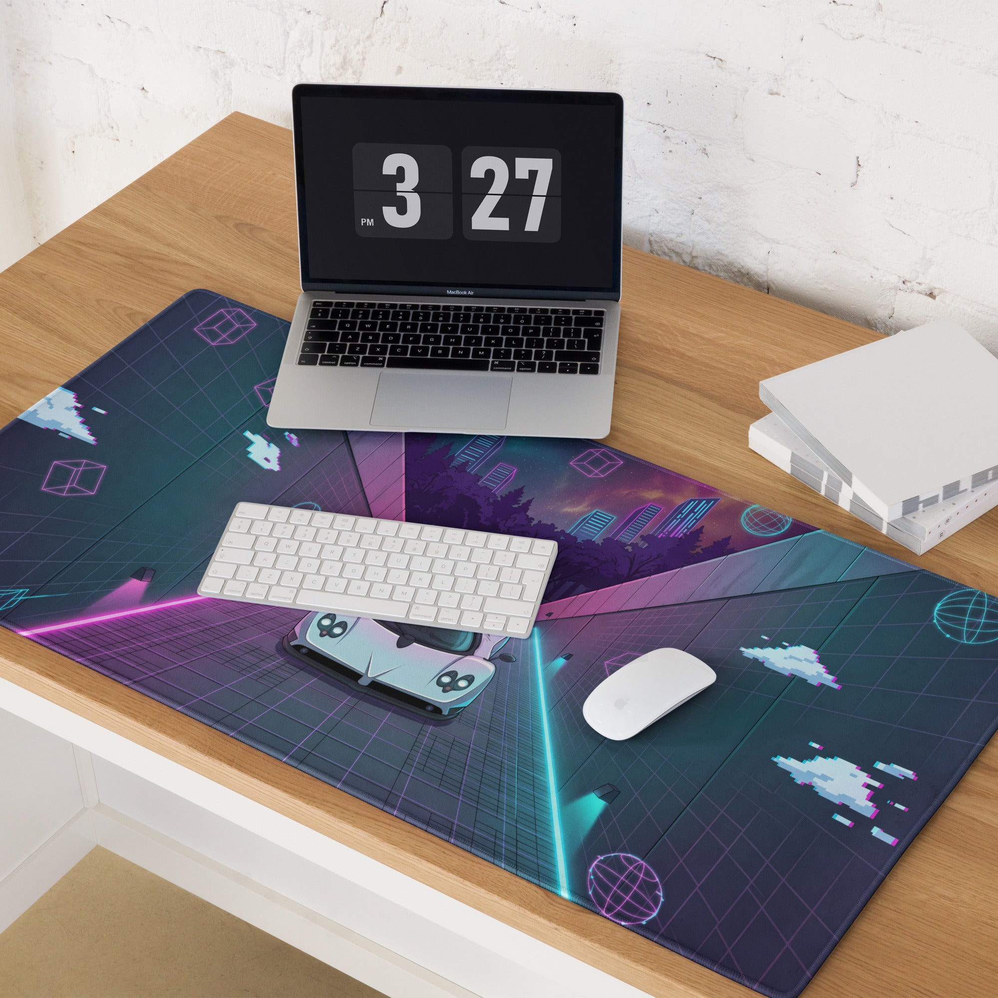 Pagani Zonda Inspired White Vaporwave Gaming Mouse Pad – Neon Pink Cyan Tunnel Desk Mat with Pixel Clouds, Geometric Shapes and Retro Synthwave Art
