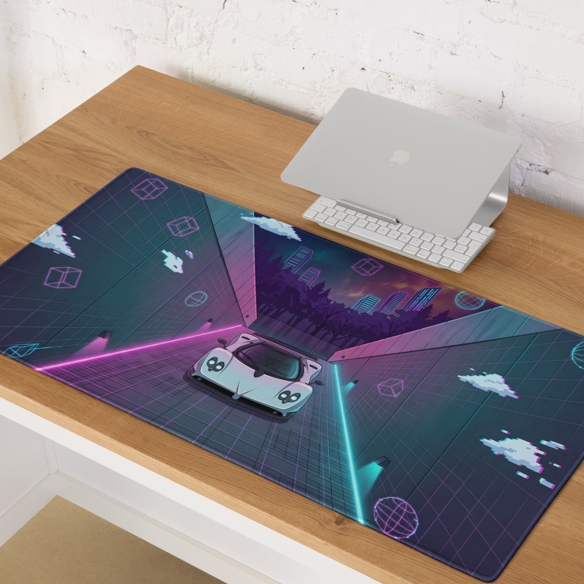 Pagani Zonda Inspired White Vaporwave Gaming Mouse Pad – Neon Pink Cyan Tunnel Desk Mat with Pixel Clouds, Geometric Shapes and Retro Synthwave Art