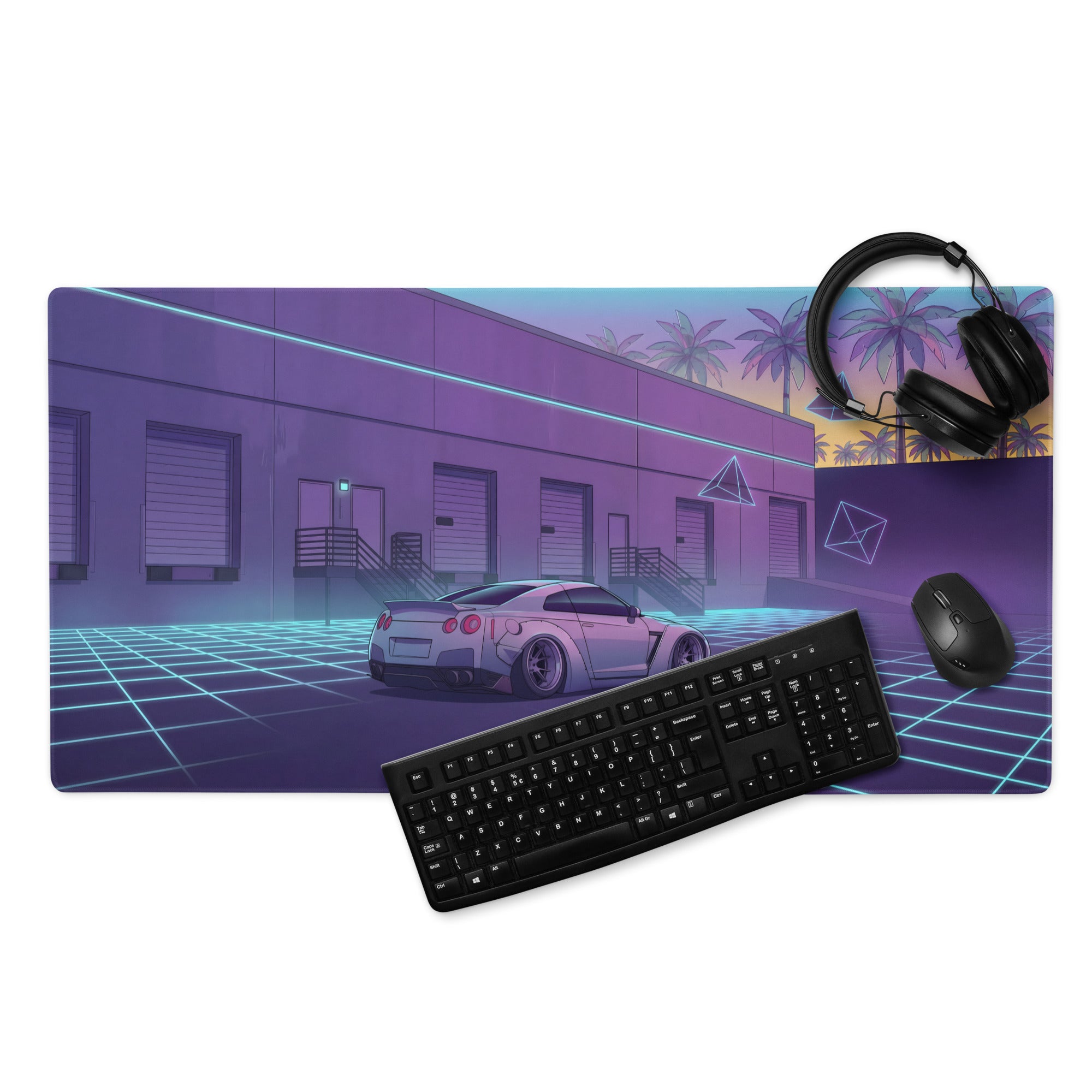 Nissan GT-R R35 Inspired Silver Vaporwave Gaming Mouse Pad – Neon Cyan Grid Warehouse Desk Mat with Palm Trees and Retro Futuristic Synthwave Art