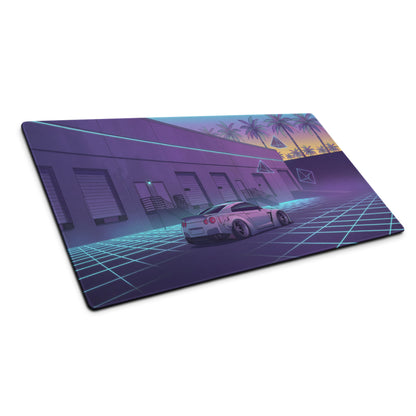 Nissan GT-R R35 Inspired Silver Vaporwave Gaming Mouse Pad – Neon Cyan Grid Warehouse Desk Mat with Palm Trees and Retro Futuristic Synthwave Art