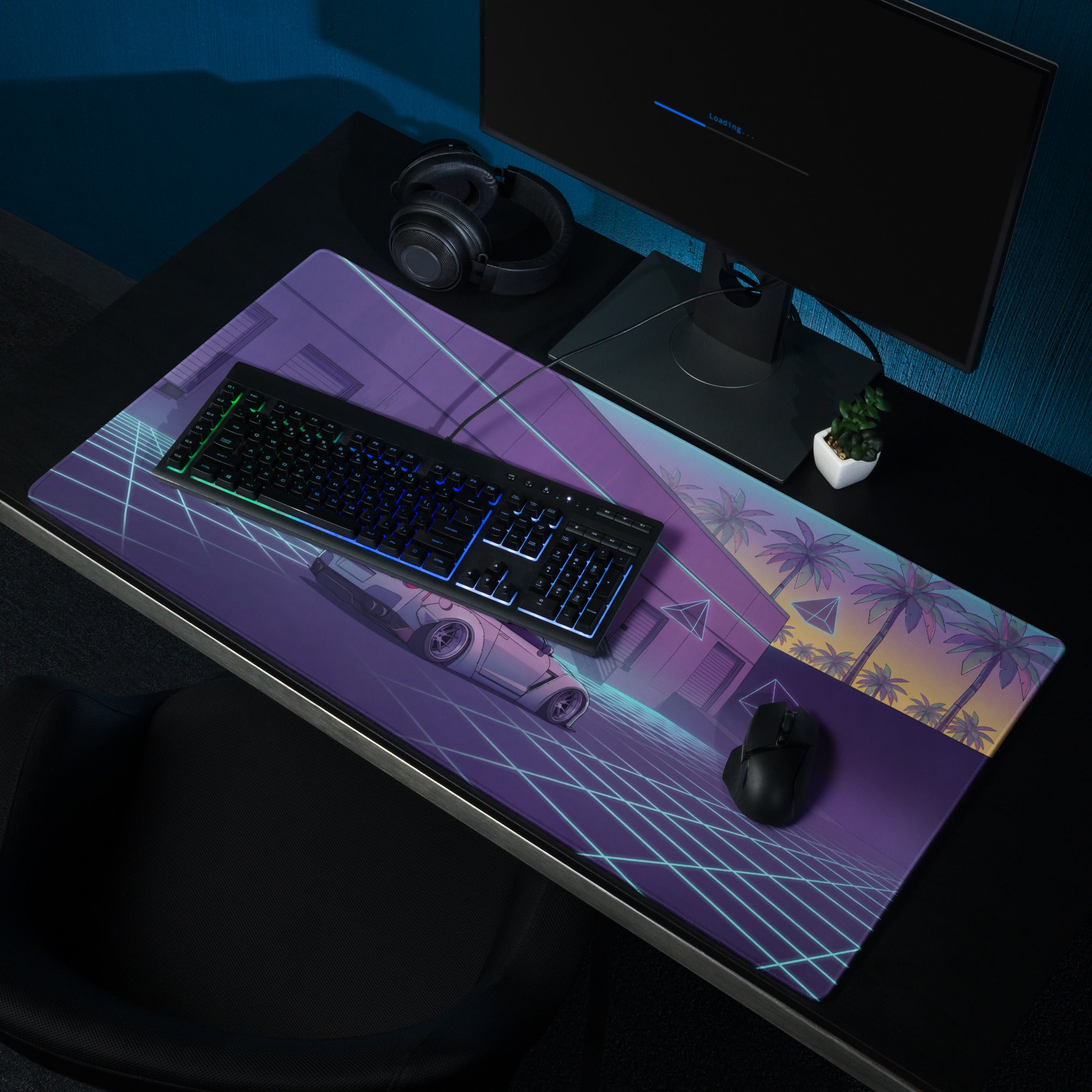 Nissan GT-R R35 Inspired Silver Vaporwave Gaming Mouse Pad – Neon Cyan Grid Warehouse Desk Mat with Palm Trees and Retro Futuristic Synthwave Art