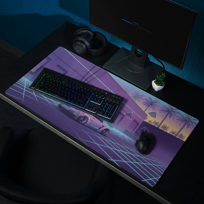 Nissan GT-R R35 Inspired Silver Vaporwave Gaming Mouse Pad – Neon Cyan Grid Warehouse Desk Mat with Palm Trees and Retro Futuristic Synthwave Art