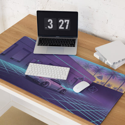 Nissan GT-R R35 Inspired Silver Vaporwave Gaming Mouse Pad – Neon Cyan Grid Warehouse Desk Mat with Palm Trees and Retro Futuristic Synthwave Art