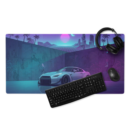 Nissan GT-R R35 Inspired Silver Vaporwave Gaming Mouse Pad – Neon Cyan Purple City Grid Desk Mat with Palm Trees and Retro Futuristic Synthwave Art