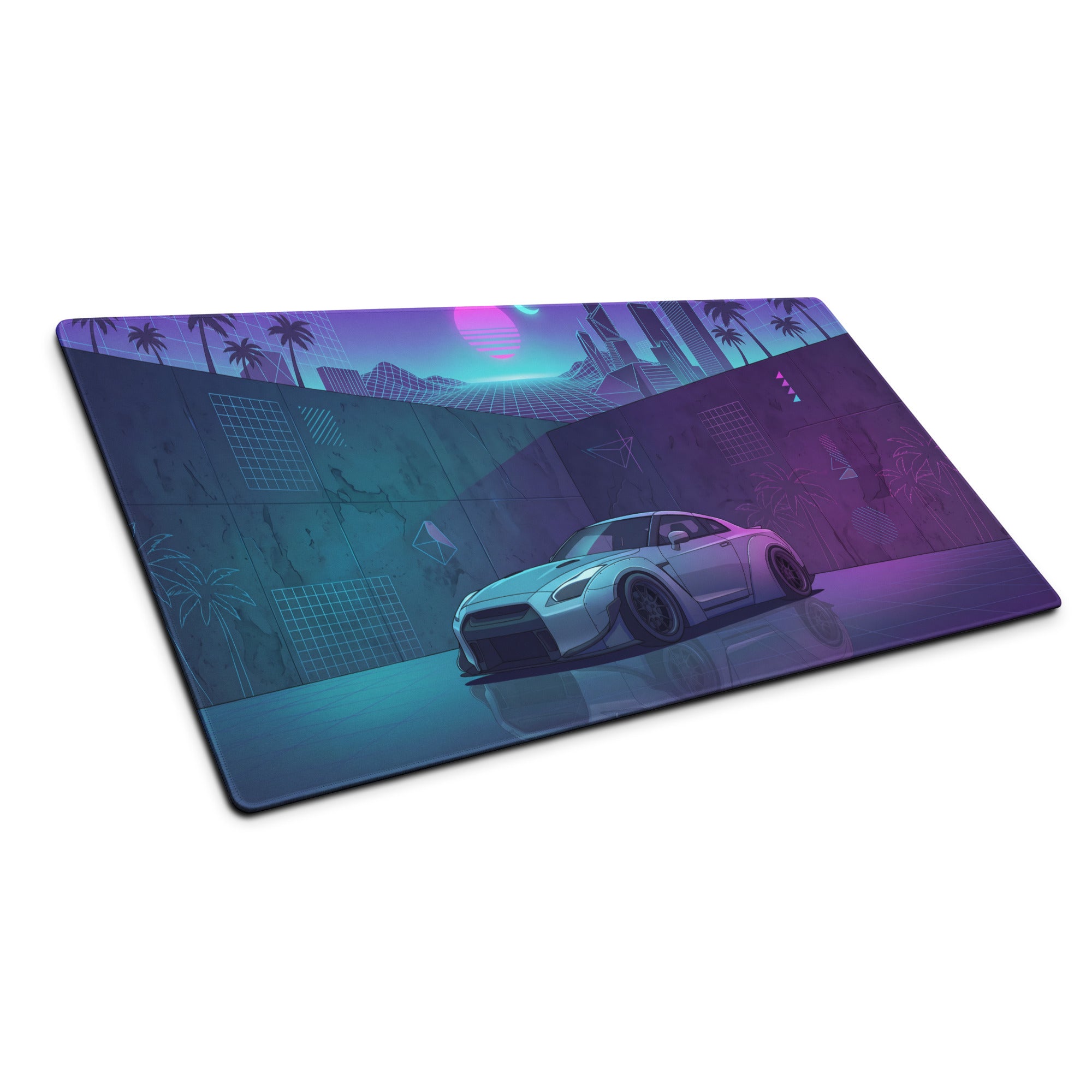 Nissan GT-R R35 Inspired Silver Vaporwave Gaming Mouse Pad – Neon Cyan Purple City Grid Desk Mat with Palm Trees and Retro Futuristic Synthwave Art