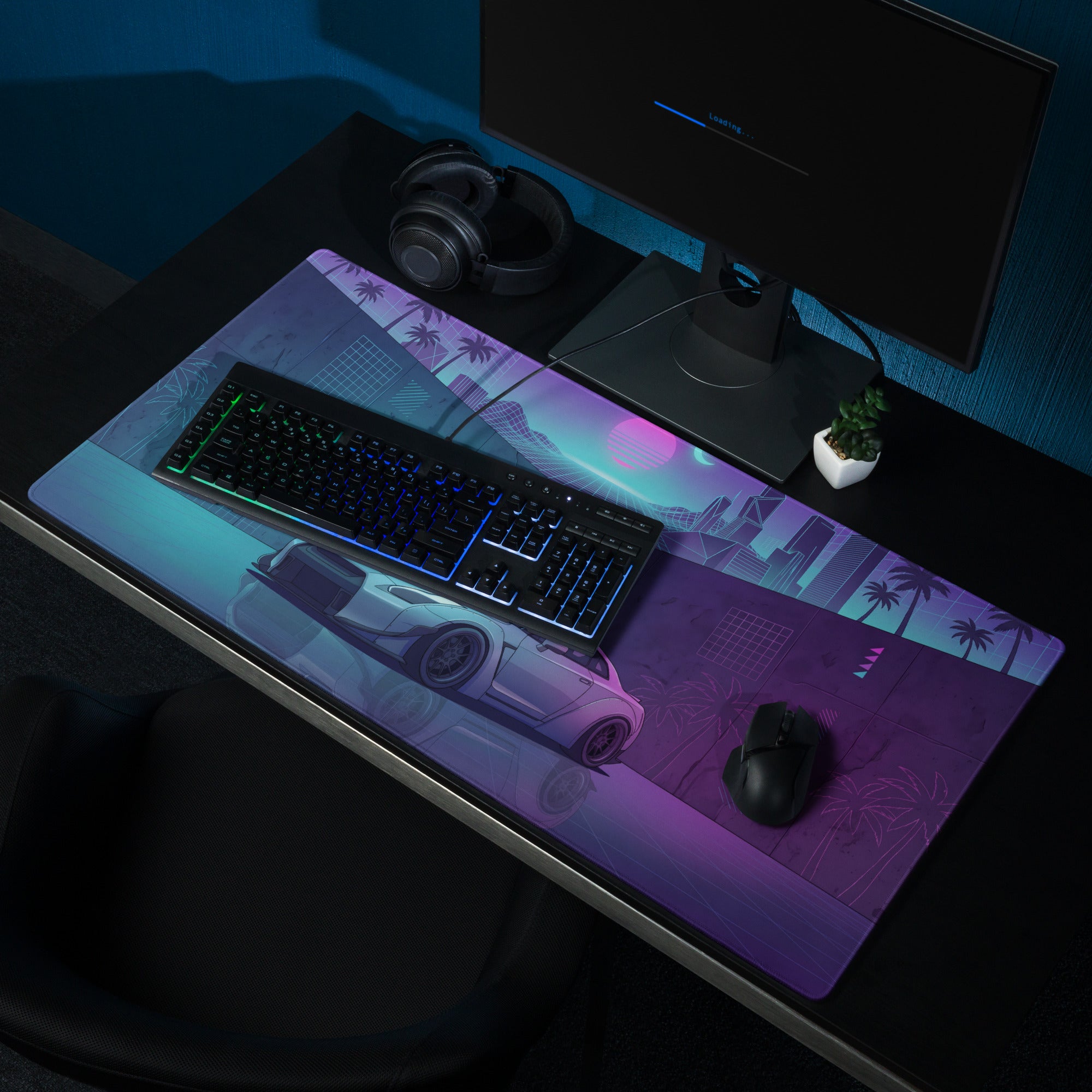 Nissan GT-R R35 Inspired Silver Vaporwave Gaming Mouse Pad – Neon Cyan Purple City Grid Desk Mat with Palm Trees and Retro Futuristic Synthwave Art