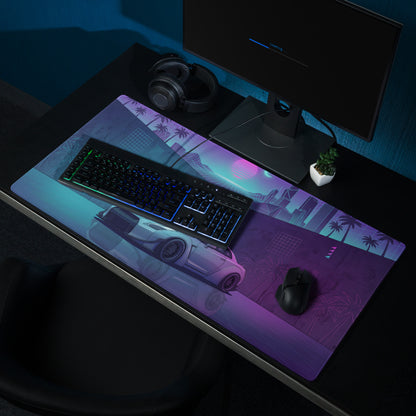 Nissan GT-R R35 Inspired Silver Vaporwave Gaming Mouse Pad – Neon Cyan Purple City Grid Desk Mat with Palm Trees and Retro Futuristic Synthwave Art