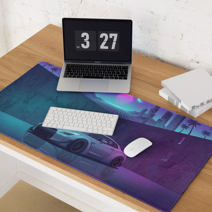 Nissan GT-R R35 Inspired Silver Vaporwave Gaming Mouse Pad – Neon Cyan Purple City Grid Desk Mat with Palm Trees and Retro Futuristic Synthwave Art