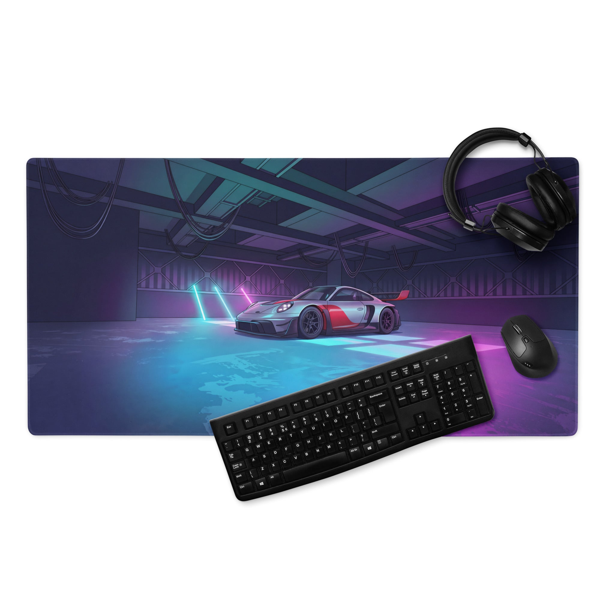 Porsche 911 GT3 R Inspired Silver Red Vaporwave Gaming Mouse Pad – Neon Cyan Pink Garage Desk Mat with Moody Futuristic Lighting and Synthwave Racing Art
