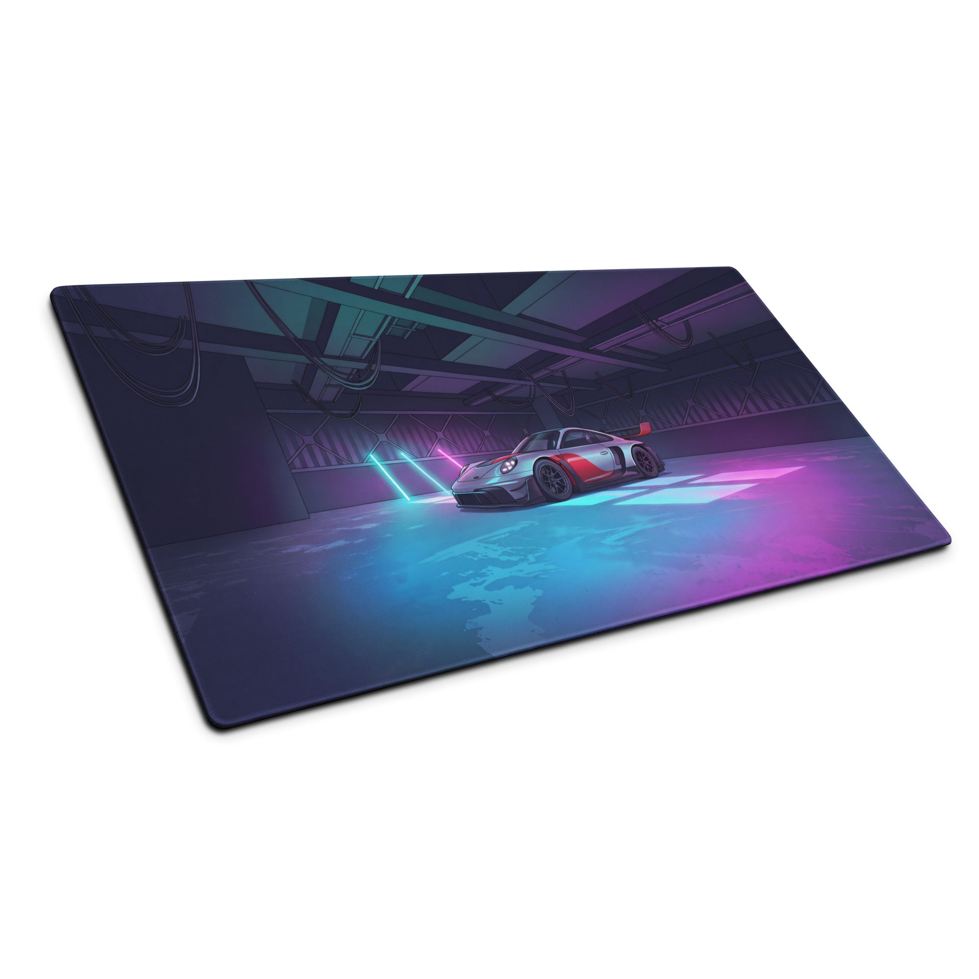 Porsche 911 GT3 R Inspired Silver Red Vaporwave Gaming Mouse Pad – Neon Cyan Pink Garage Desk Mat with Moody Futuristic Lighting and Synthwave Racing Art
