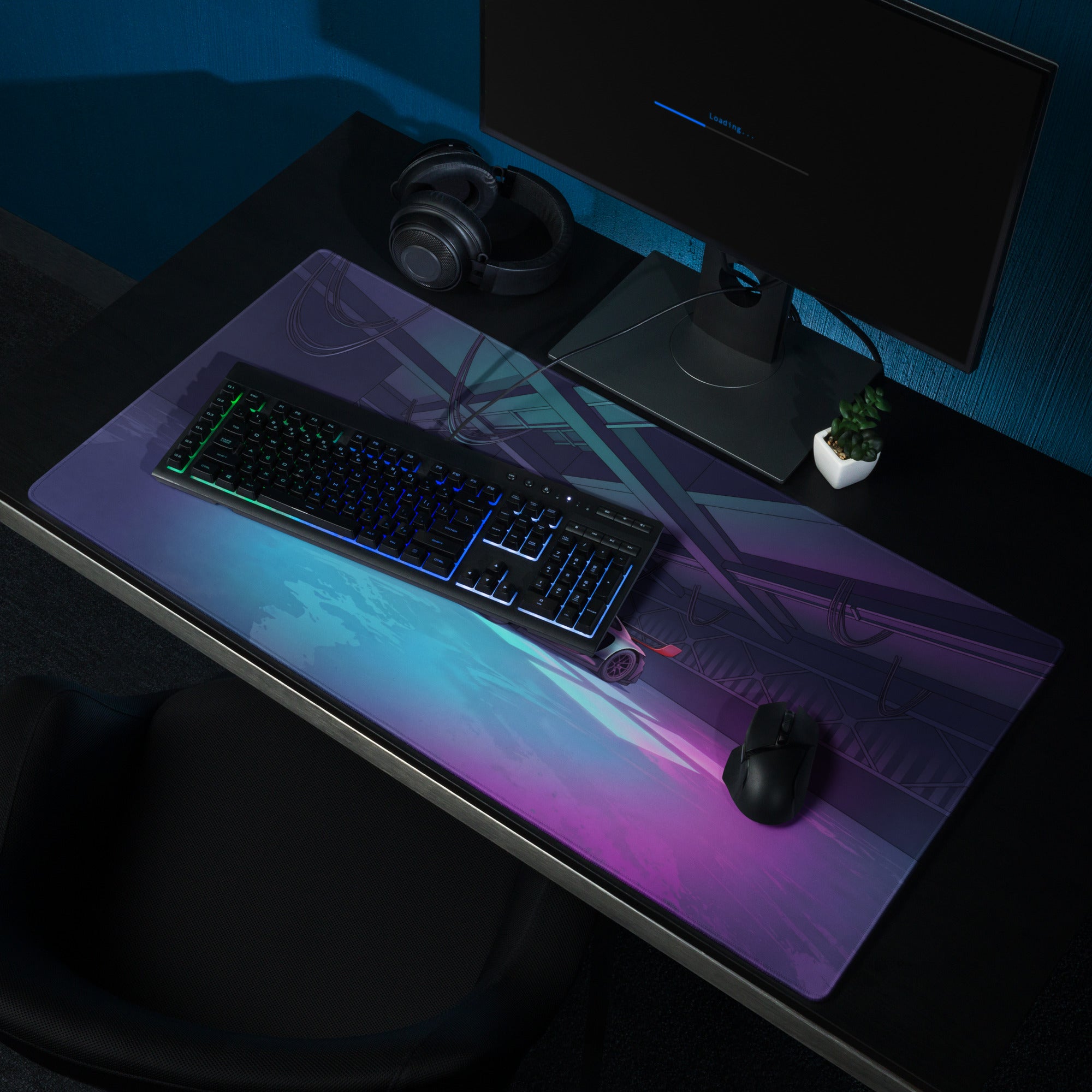Porsche 911 GT3 R Inspired Silver Red Vaporwave Gaming Mouse Pad – Neon Cyan Pink Garage Desk Mat with Moody Futuristic Lighting and Synthwave Racing Art
