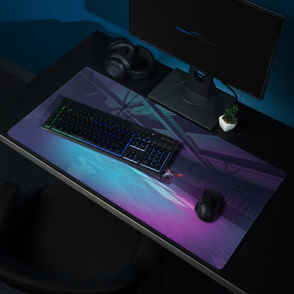 Porsche 911 GT3 R Inspired Silver Red Vaporwave Gaming Mouse Pad – Neon Cyan Pink Garage Desk Mat with Moody Futuristic Lighting and Synthwave Racing Art
