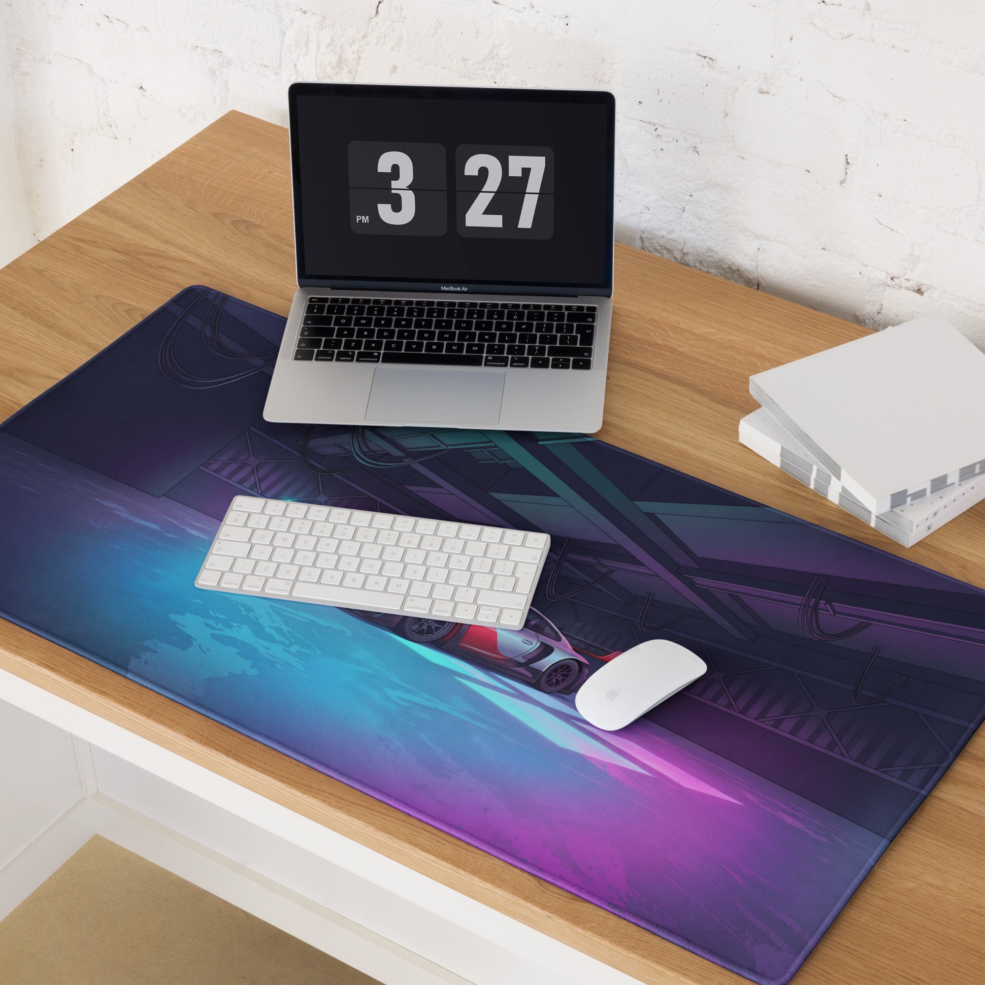 Porsche 911 GT3 R Inspired Silver Red Vaporwave Gaming Mouse Pad – Neon Cyan Pink Garage Desk Mat with Moody Futuristic Lighting and Synthwave Racing Art