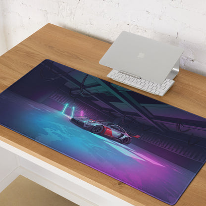 Porsche 911 GT3 R Inspired Silver Red Vaporwave Gaming Mouse Pad – Neon Cyan Pink Garage Desk Mat with Moody Futuristic Lighting and Synthwave Racing Art