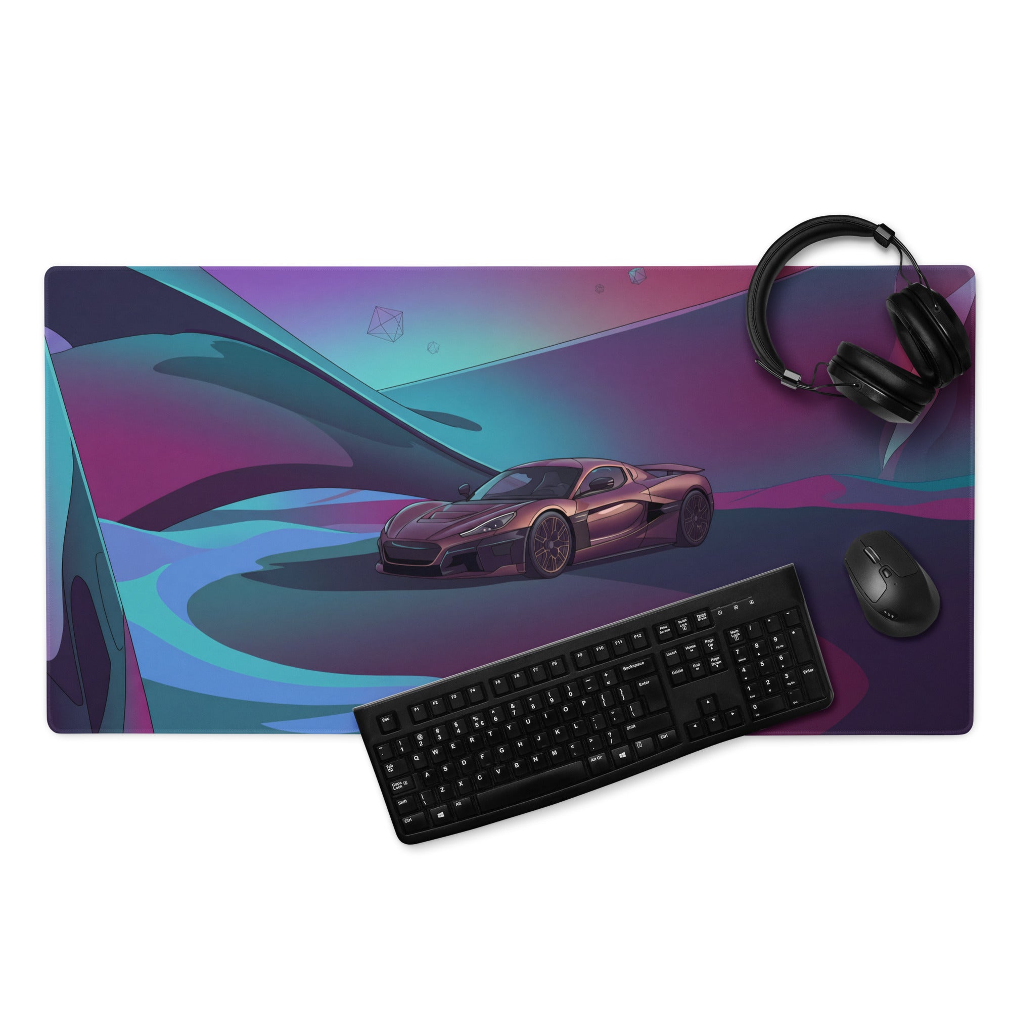 Rimac Nevera Inspired Purple Vaporwave Gaming Mouse Pad – Teal Magenta Abstract Landscape Desk Mat with Futuristic Geometric Synthwave Art