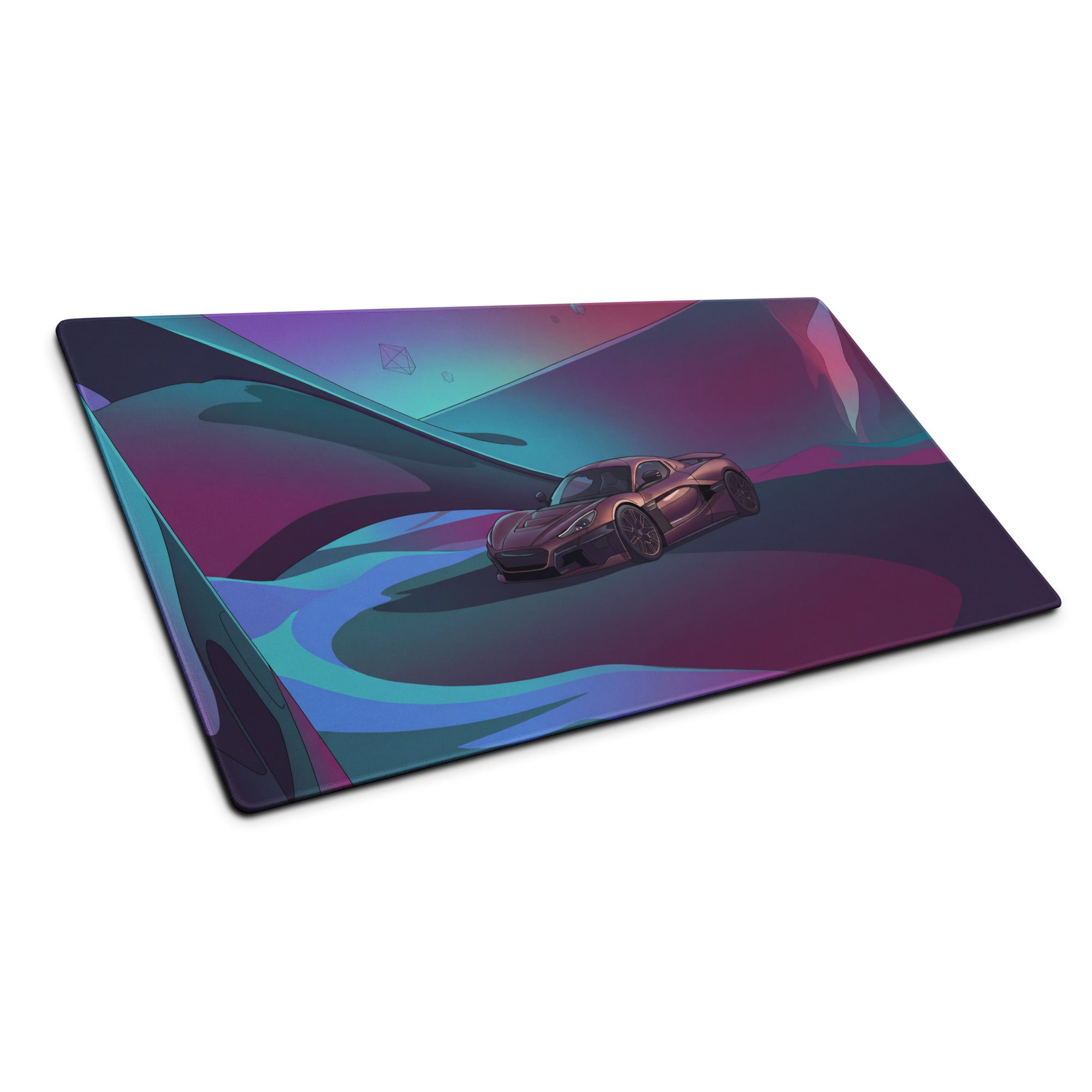 Rimac Nevera Inspired Purple Vaporwave Gaming Mouse Pad – Teal Magenta Abstract Landscape Desk Mat with Futuristic Geometric Synthwave Art