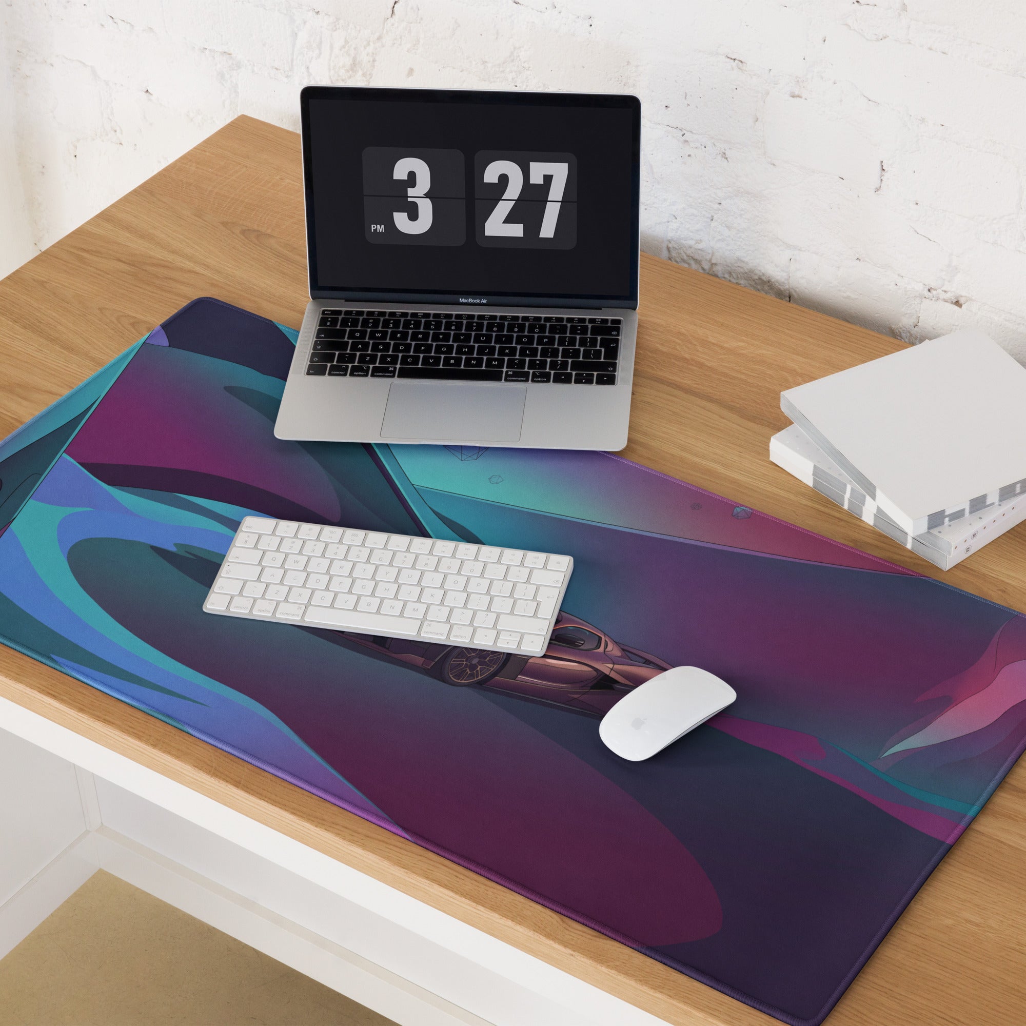 Rimac Nevera Inspired Purple Vaporwave Gaming Mouse Pad – Teal Magenta Abstract Landscape Desk Mat with Futuristic Geometric Synthwave Art