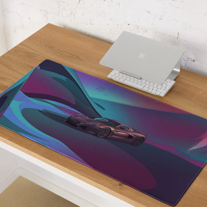 Rimac Nevera Inspired Purple Vaporwave Gaming Mouse Pad – Teal Magenta Abstract Landscape Desk Mat with Futuristic Geometric Synthwave Art