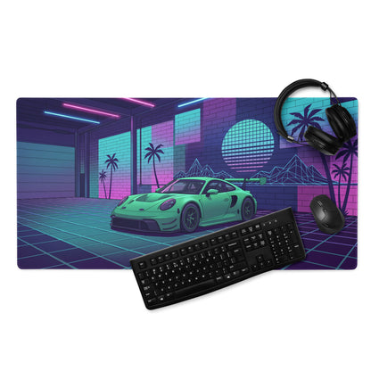 Porsche 911 GT3 R Inspired Green Vaporwave Gaming Mouse Pad – Neon Cyan Pink Garage Desk Mat with Palm Trees, Retro Grid and Synthwave Sunset Art